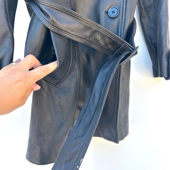 Mossimo Genuine Leather Belted Trench Coat Black Jacket Medium Y2K Buttons - Picture 7 of 10